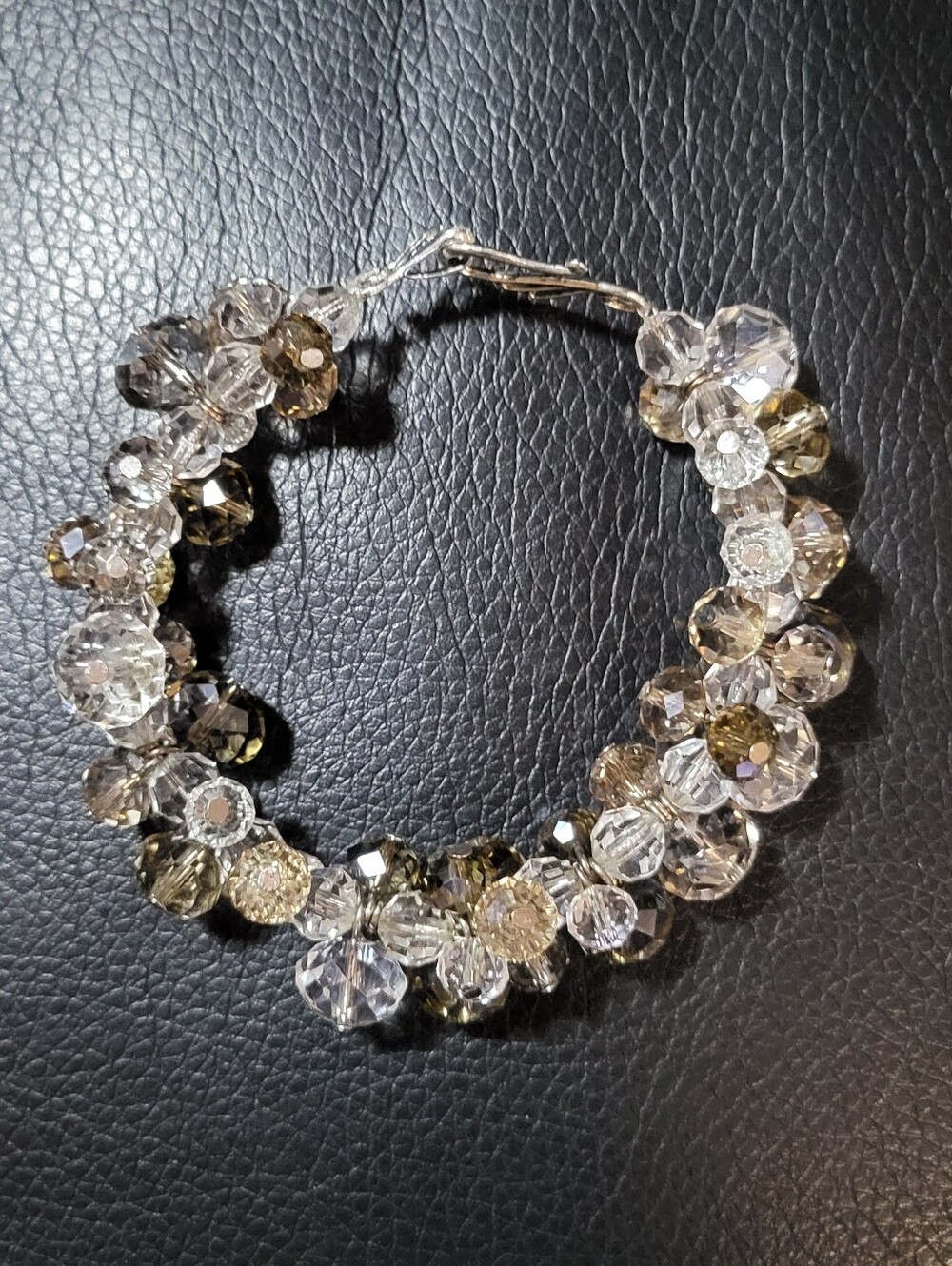 Vintage Faceted Crystal Cluster Toggle Bracelet – Champagne, Smoky & Clear